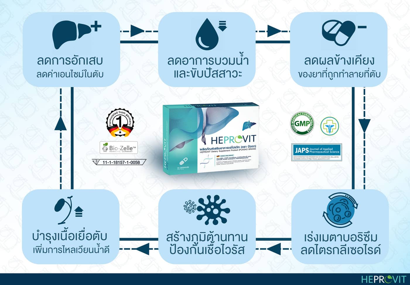 HEPROVIT เฮโปรวิท ฟื้นฟูตับ บำรุงตับ รักษาตับ ดีท็อกซ์ตับ ล้างสารพิษตับ ไขมันพอกตับ ตับอักเสบ ตับแข็ง ไวรัสตับอักเสบเอ ไวรัสตับอักเสบบี ไวรัสตับอักเสบซี มะเร็งตับ ตาเหลืองตัวเหลือง เจ็บชายโครงด้านขวา ง่วงกลางวัน ตื่นกลางคืน ดื่มแล้วเป็นผื่นแดง คันตามตัวไม่มีสาเหตุ มือเท้าบวม ท้องมาน ปวดตามข้อ ท้องอืด แน่น หายใจไม่สะดวก ดื่มเหล้า สุรา อ้วน ไขมัน